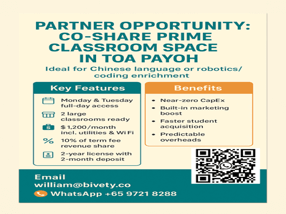 Partner Opportunity: Co-Share Prime Classroom Space In Toa Payoh